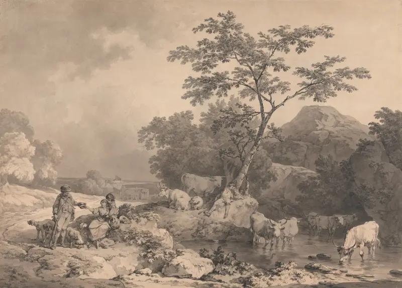 Figurer vid en bäck med boskap som vattnas av Philip James de Loutherbourg