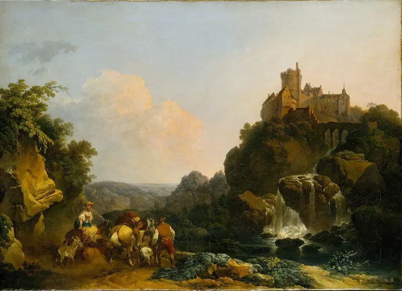 Landscape with Waterfall, Castle and Peasants av Philip James de Loutherbourg