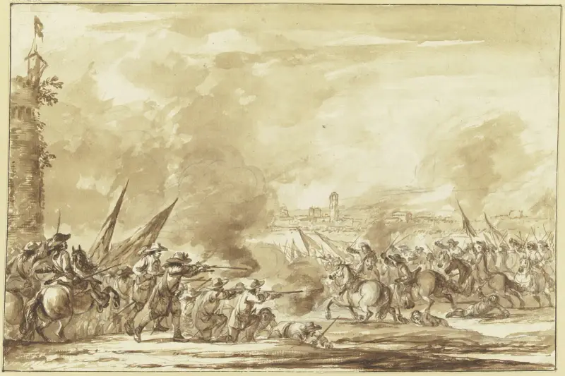 Reiterangriff auf Infanterie vor den Toren einer Stadt av Philip James de Loutherbourg