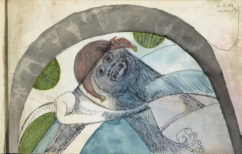 Antropomorf figuur met een harlekijnsmuts onder een boog av Samuel Jessurun de Mesquita