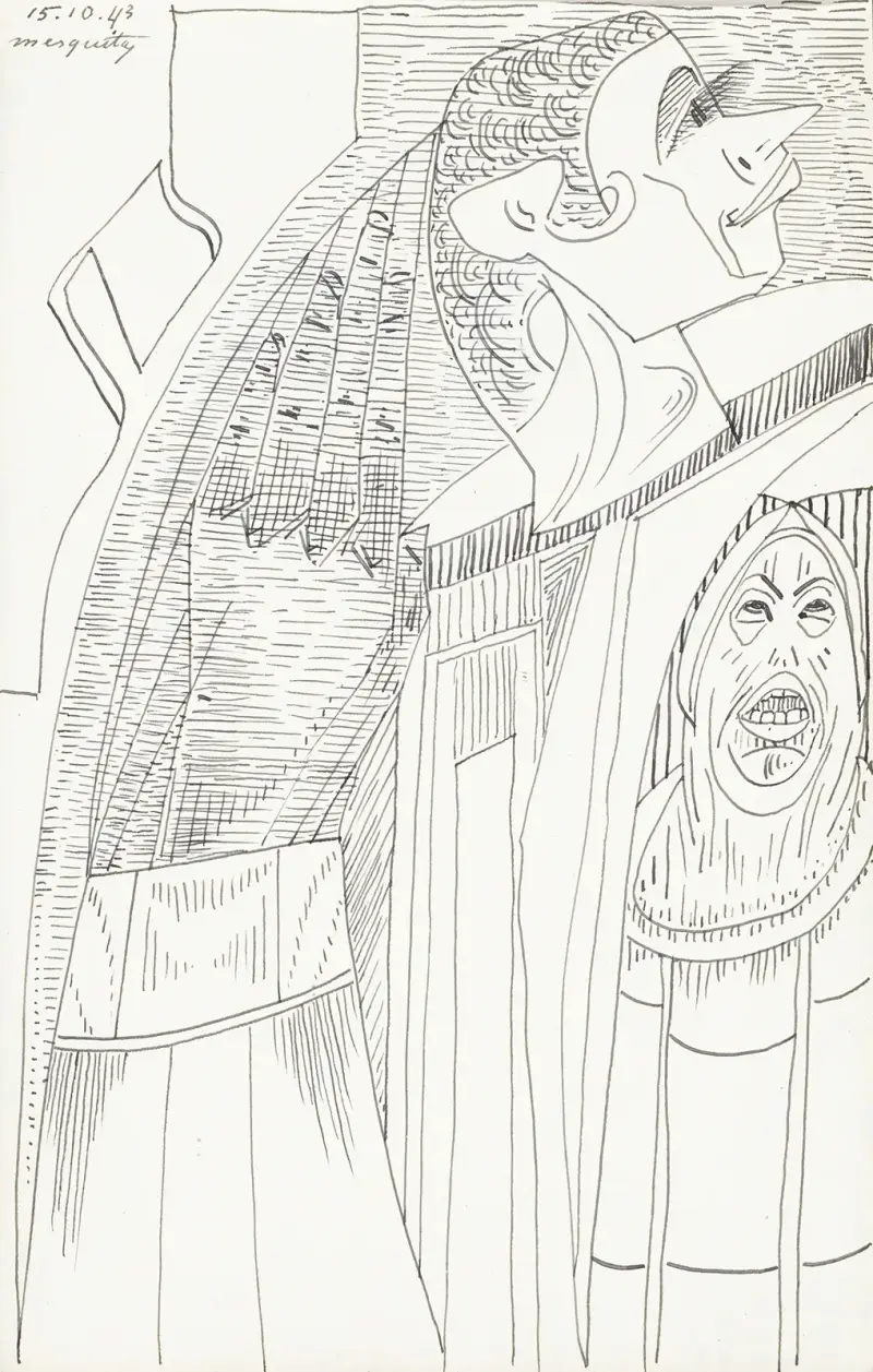 Figuur met een puntige neus en lange wimpers in profiel naar rechts av Samuel Jessurun de Mesquita