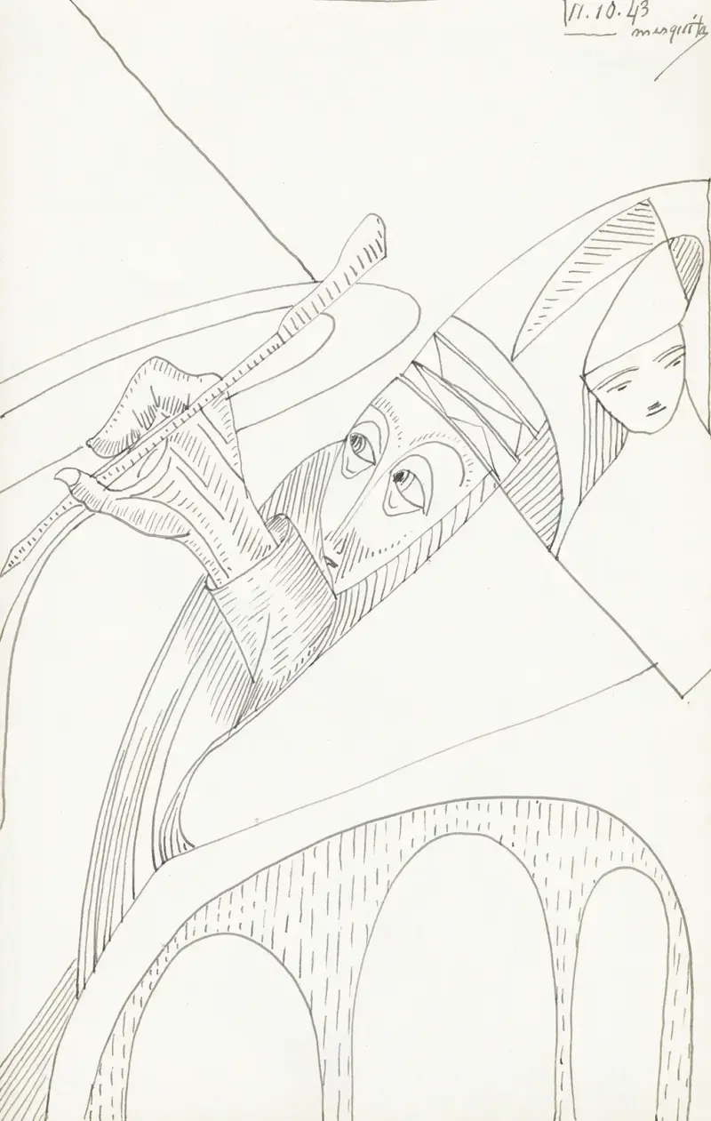 Man met een pen in de hand en een figuur met een hoed av Samuel Jessurun de Mesquita