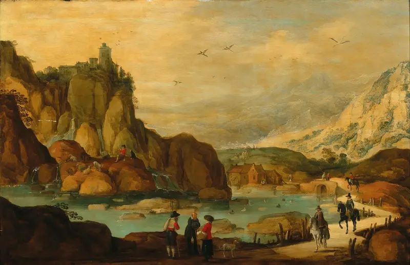 A rocky landscape with travellers on horseback near a stream av Joos de Momper