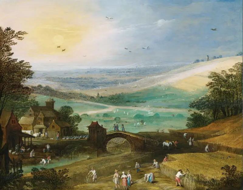 A Summer Landscape With Figures Bringing In The Harvest av Joos de Momper