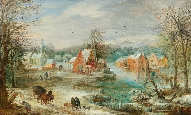 Vinterlandskap med by och resande på en stig av Joos de Momper