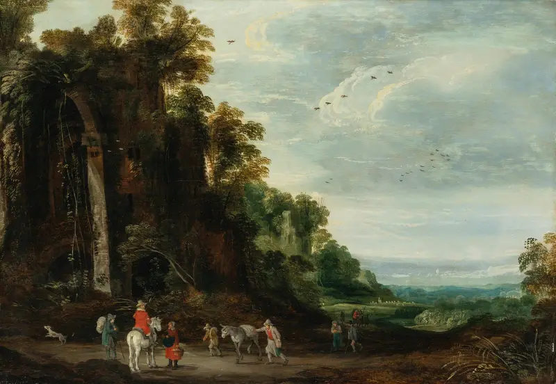A wooded landscape with a rider conversing with peasants near an overgrown castle av Joos de Momper