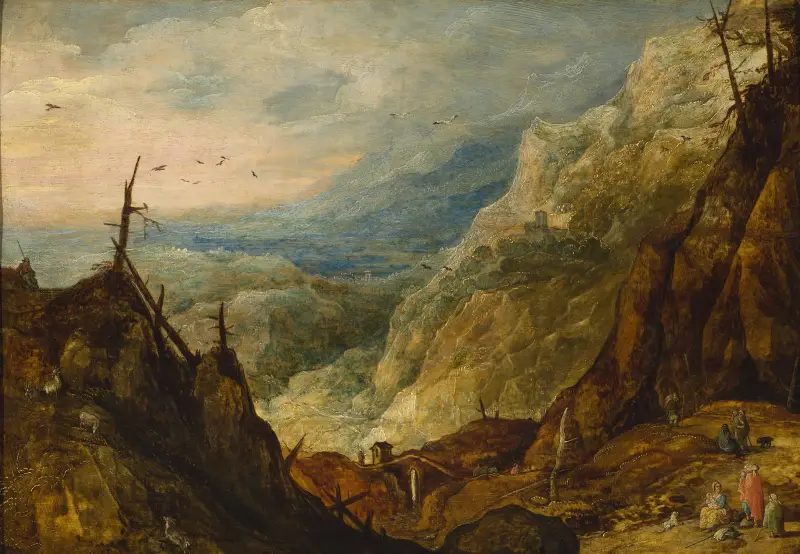 Berglandschaft mit einem zerbrochenen Baum von Joos de Momper