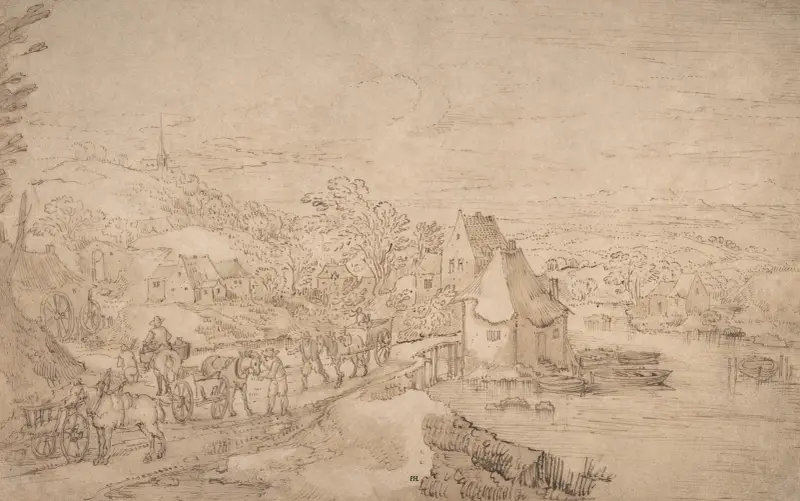 River Landscape with Wagons on a Road near a Village av Joos de Momper