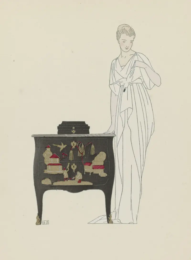 La Commode en Laque. ; Robe du soir de Worth., 1914 – nr 2 av Bernard Boutet de Monvel