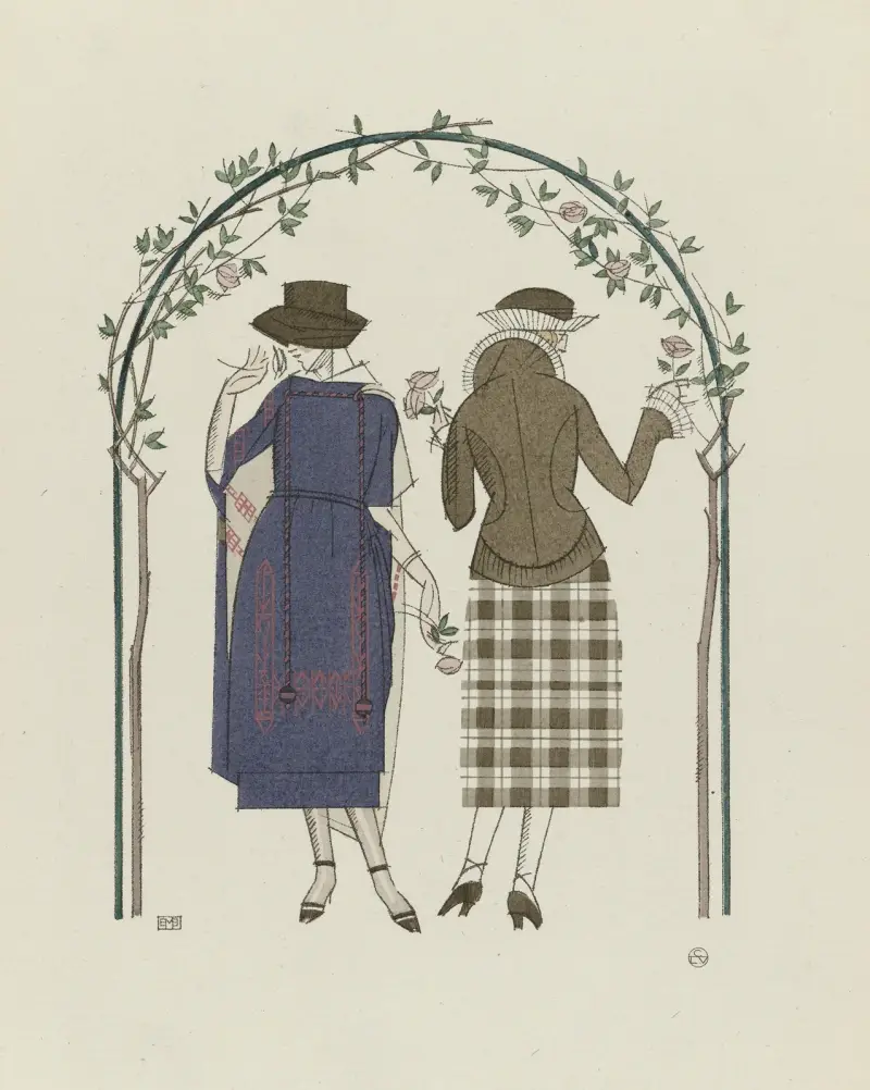 Les premières roses ; Tailleur et robe d’après-midi, de Worth, 1920 – nr 2 av Bernard Boutet de Monvel