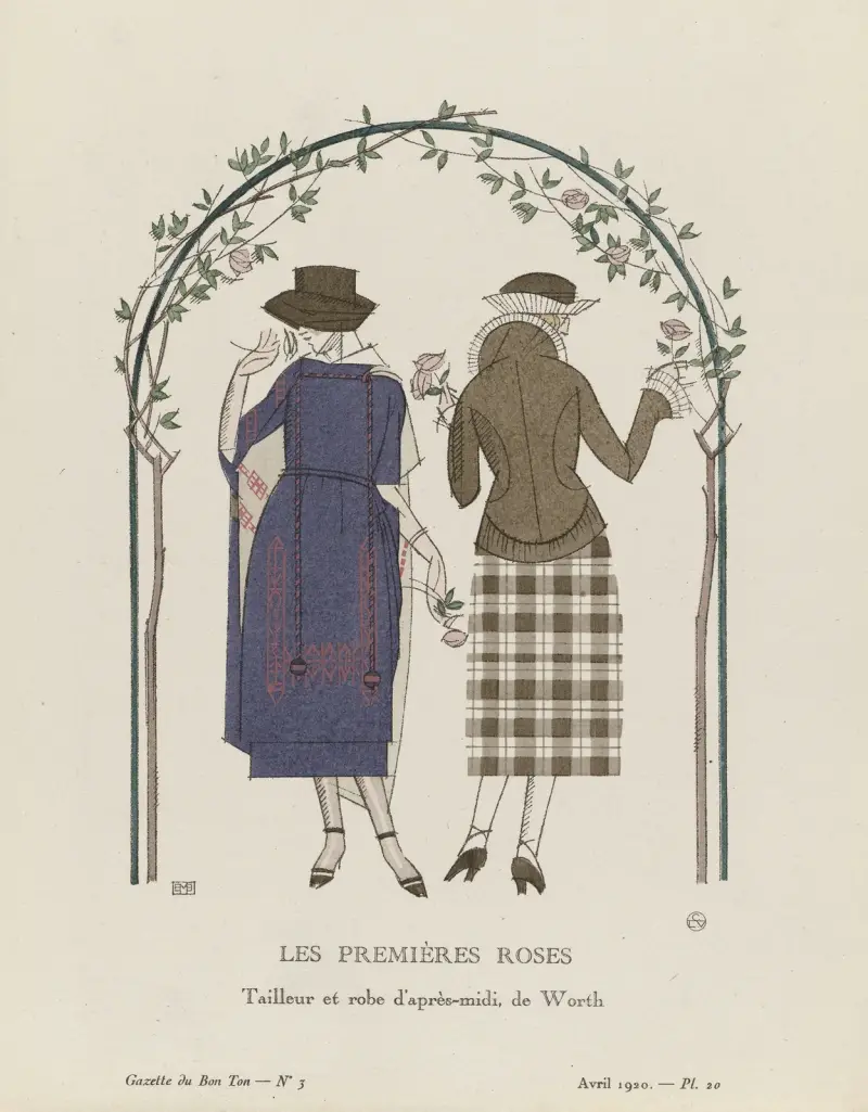 Die ersten Rosen, Tailleurkostüm und Nachmittagskleid von Worth, 1920 – Nr. 1 von Bernard Boutet de Monvel