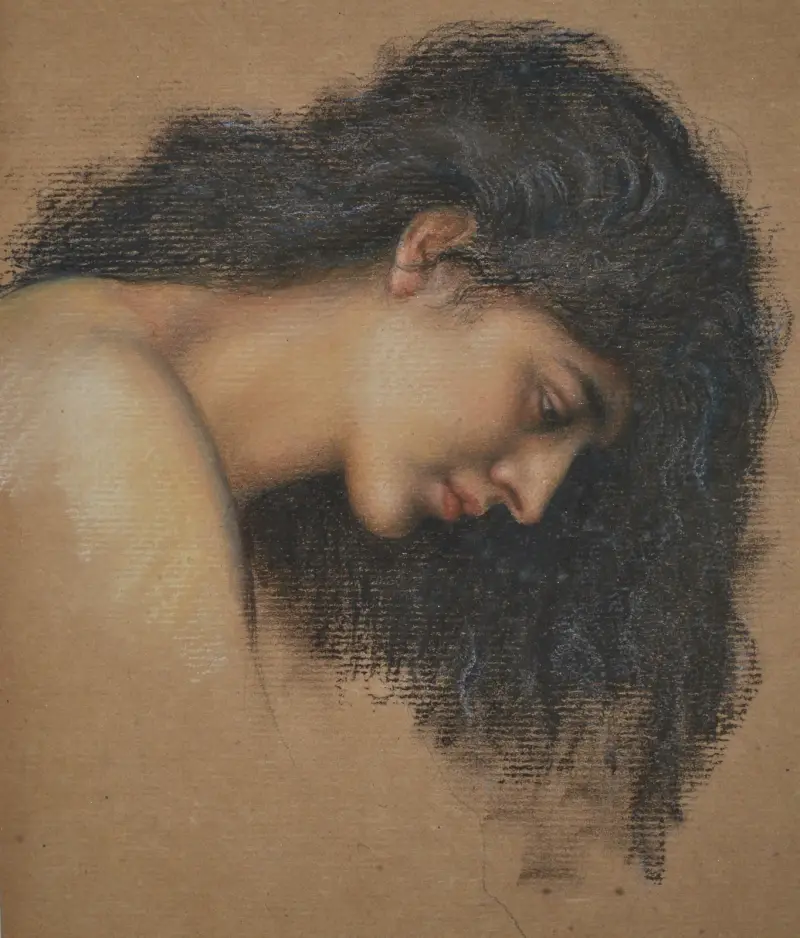 Study of female head for The Cadence of Autumn av Evelyn De Morgan