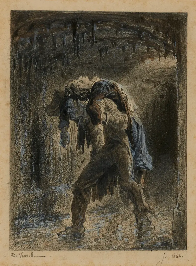 Jean Valjean et Marius dans l’égout Lui aussi porte sa croix av Alphonse Marie de Neuville