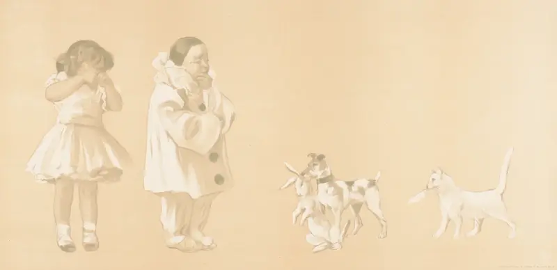 Weinendes Mädchen, nachdenklicher Clown, der auf den Hund mit Kaninchen im Maul herabschaut von Pal (Jean de Paleologue)