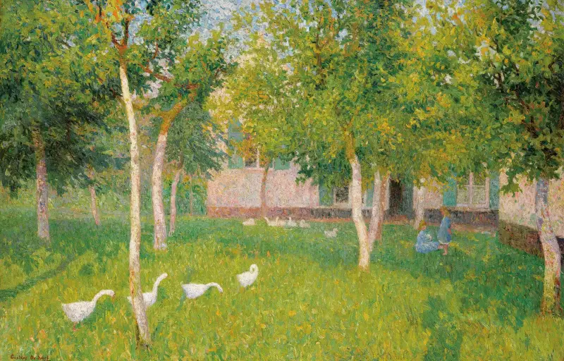Gäss i en trädgård med två barn av Gustave De Smet
