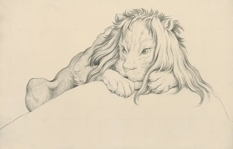 A lion, partly hidden behind an elevation av David Humbert de Superville
