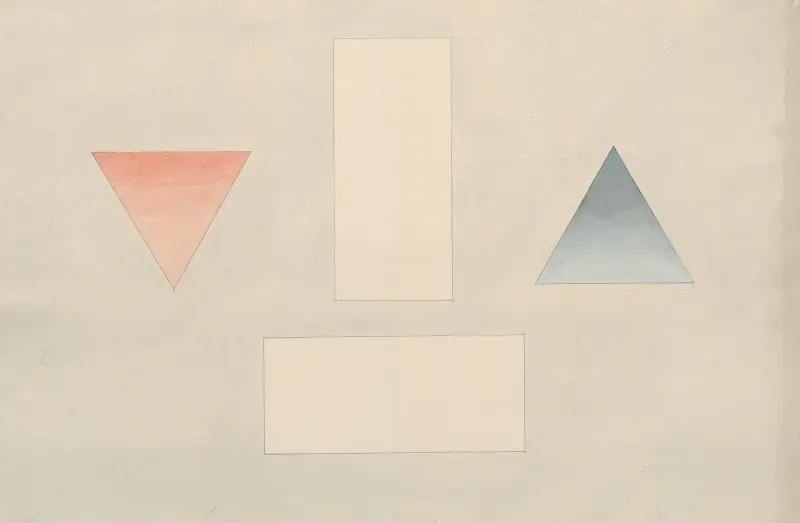 A red triangle pointing downwards, a blue triangle pointung upwards, and two floating rectangles av David Humbert de Superville