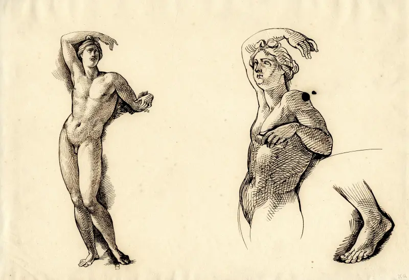 Apollino (Apollo Medici), widok całej postaci, górna część ciała i lewa stopa, David Humbert de Superville