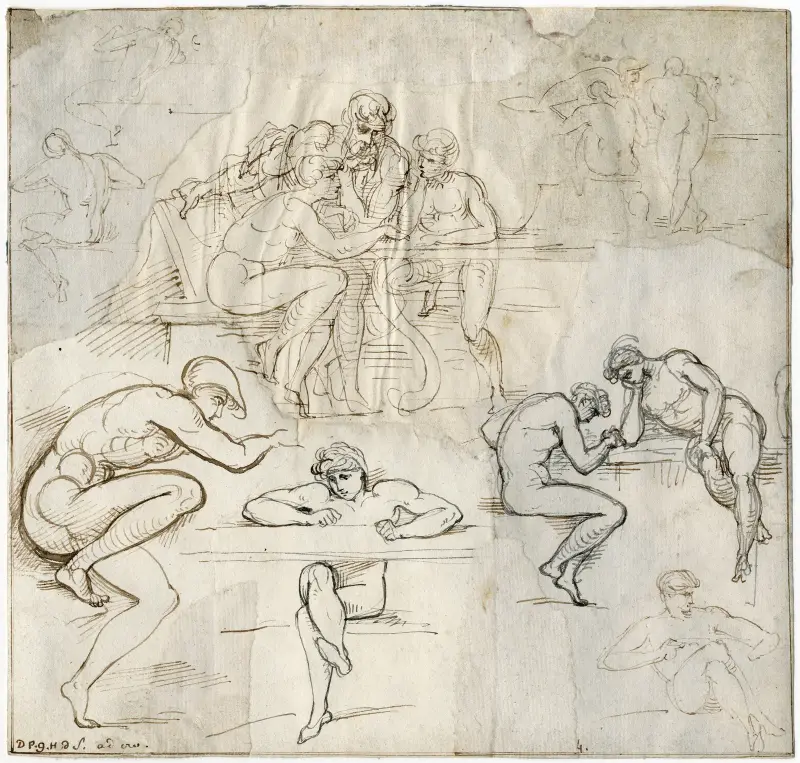 Diverse nakenfigurer i olika ställningar vid bord av David Humbert de Superville