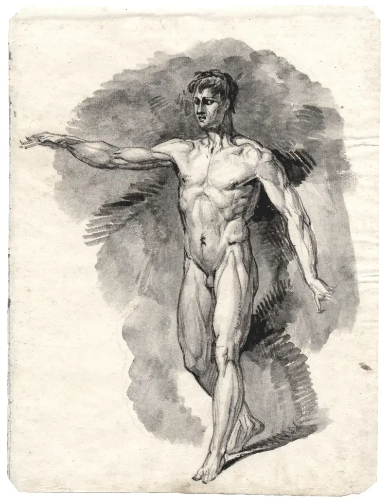 Schreitende männliche Aktfigur mit erhobenem Arm von David Humbert de Superville