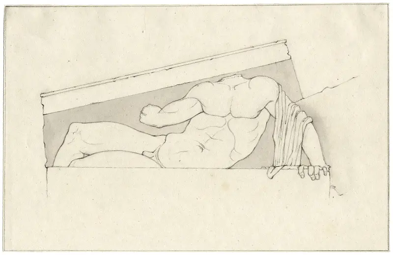 Lying hero or divinity, after the west pediment of the Parthenon, possibly Ilissos av David Humbert de Superville