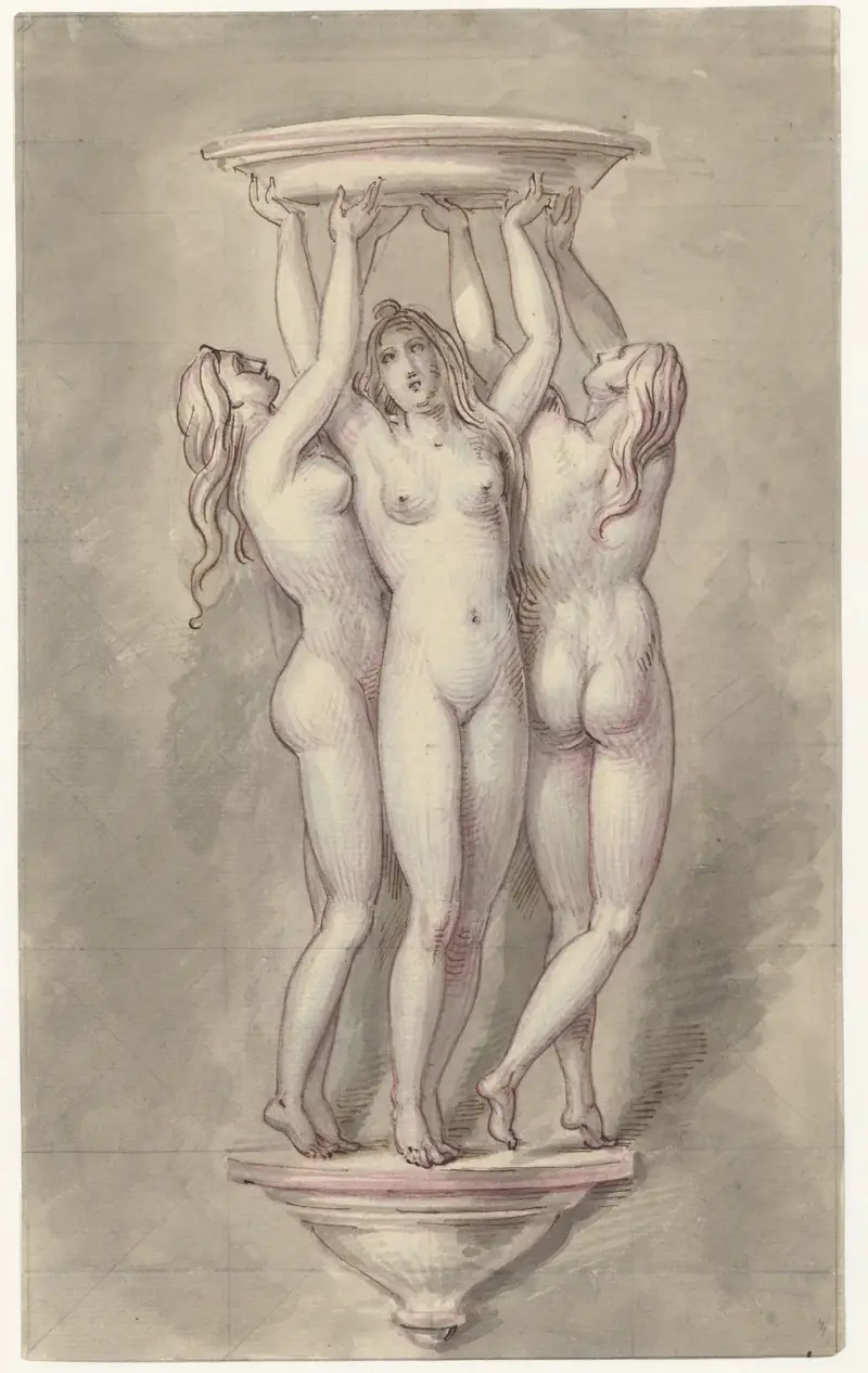 Ornament der drei Grazien mit Schale auf einer Konsole von David Humbert de Superville