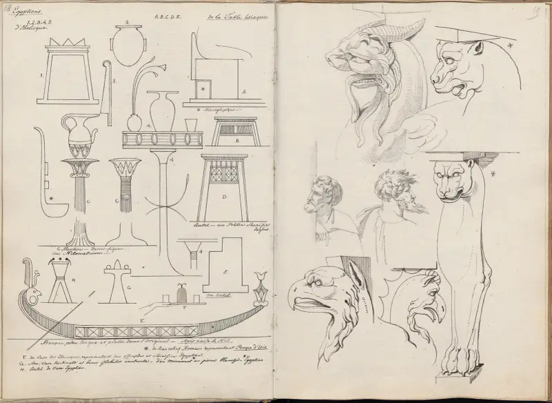 Flera egyptiska föremål, detaljer från en fresk av Rafael och romerska möbler av David Humbert de Superville