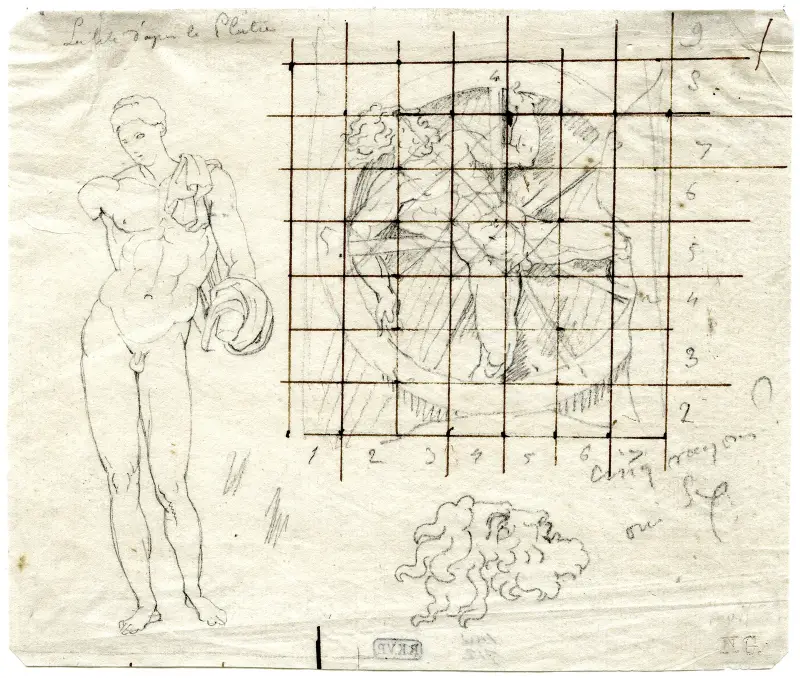 The Belvedere Antonous, and a man bound to a wheel, his head repeated av David Humbert de Superville