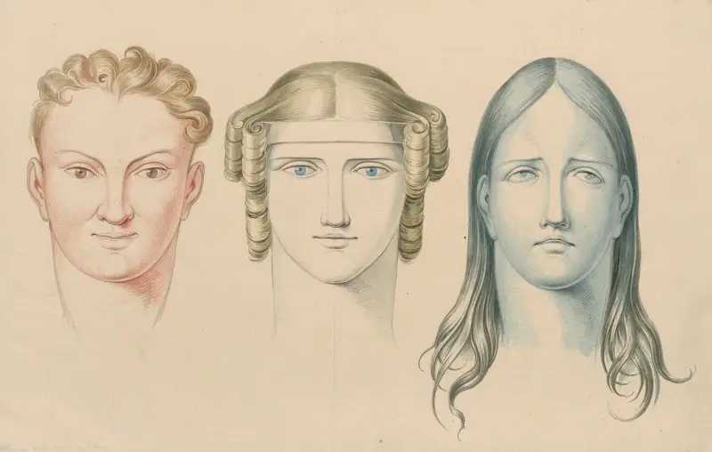 Die Köpfe eines Mannes und zweier Frauen mit aufsteigenden, horizontalen und absteigenden Linien in Kombination mit Farben von David Humbert de Superville