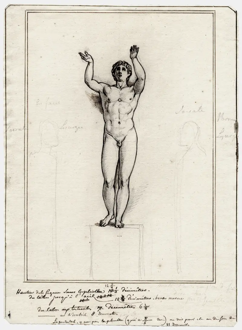 Die sogenannte Orante (betende Jugend) aus Berlin, flankiert von Büsten des Lykurg und des Sokrates von David Humbert de Superville