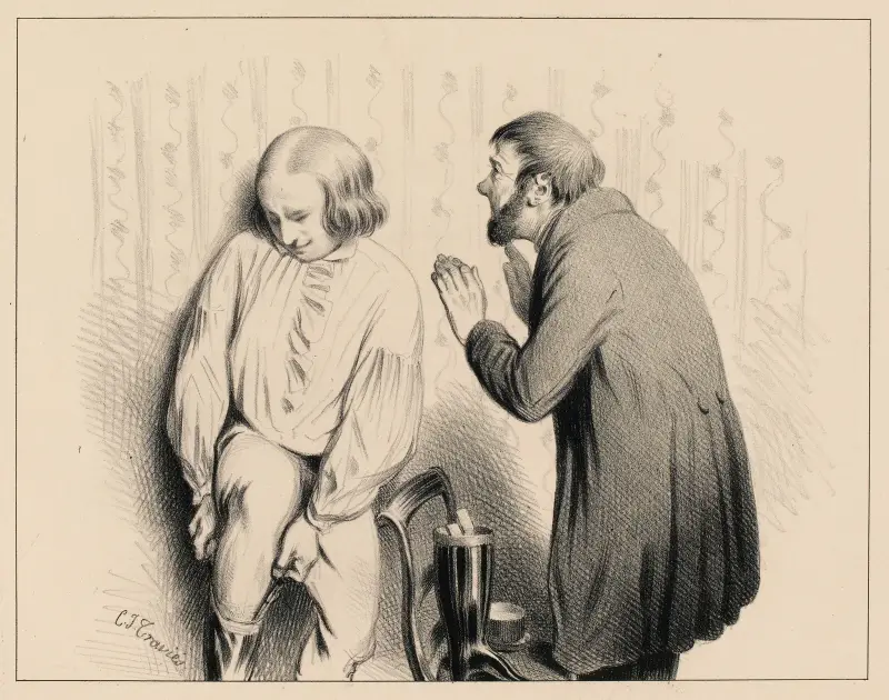 Obyczaje handlowe i przemysłowe. 1. To ta przeklęta prawa stopa jest za wąska, Charles-Joseph Traviès de Villers