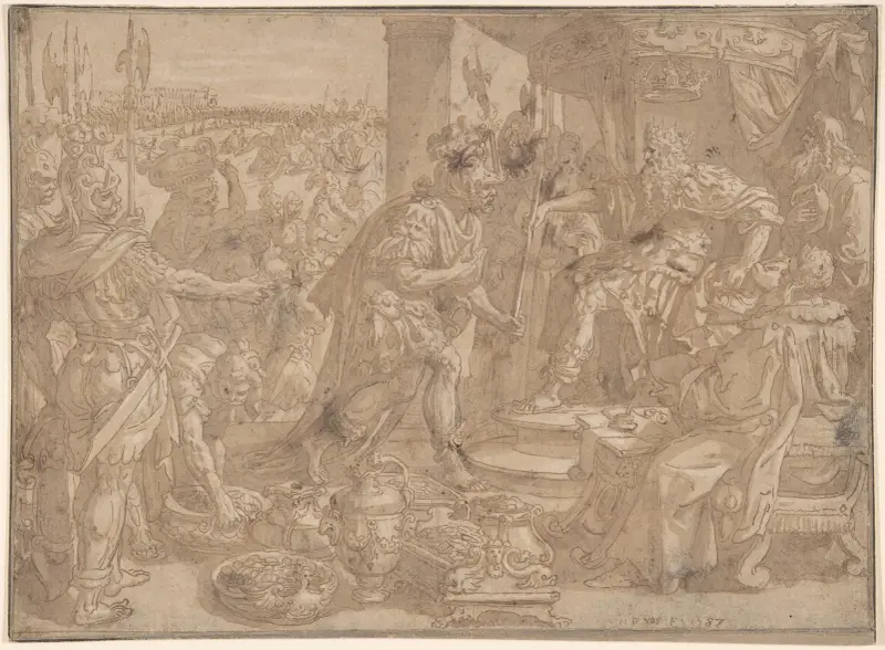 Holofernes vor Nebukadnezar (Judit 2,4–13) von Maerten De Vos