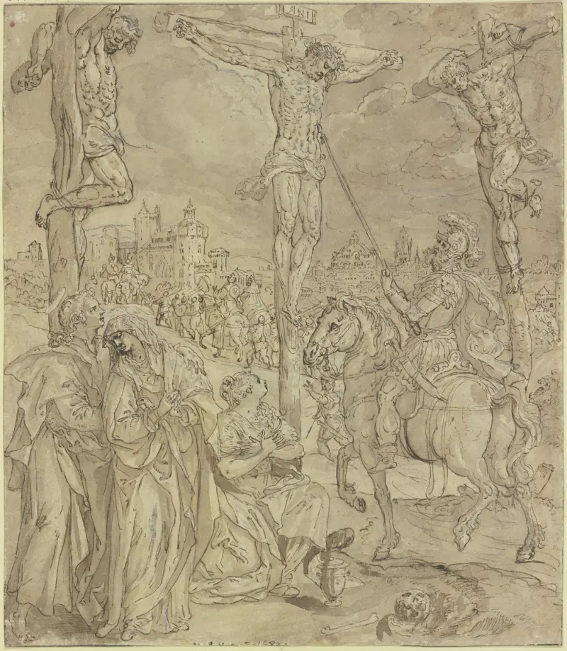 Kreuzigung Christi, Longinus sticht Christus in die Seite av Maerten De Vos