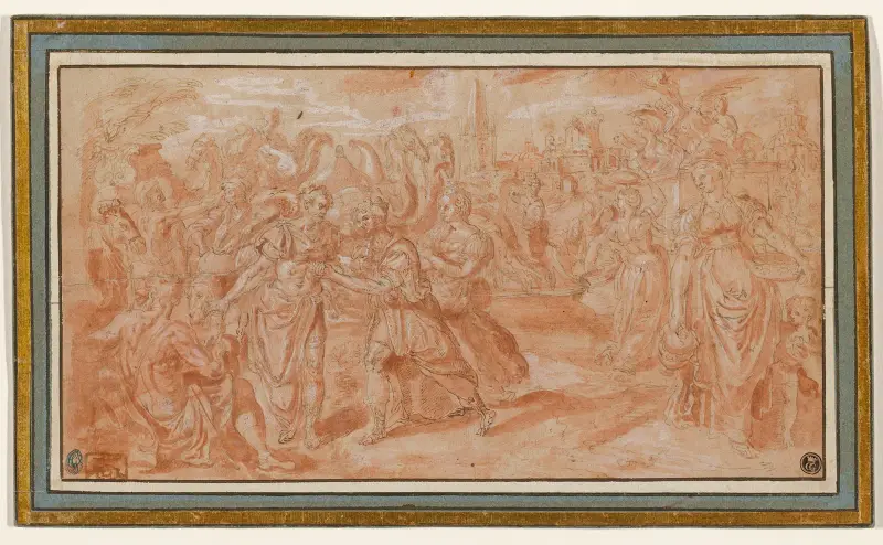 Laban and Rebecca Receiving Eliezer av Maerten De Vos
