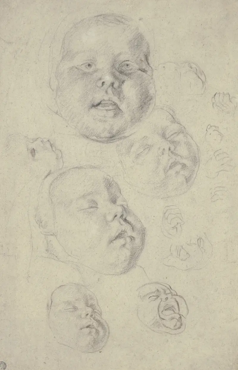 Studienblatt; Kopf und Hände eines Kleinkindes av Cornelis de Vos