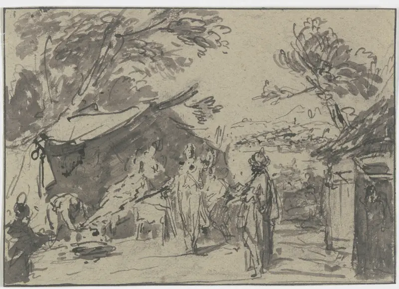 Abraham bjuder de tre änglarna framför sitt hus av Jacob de Wit