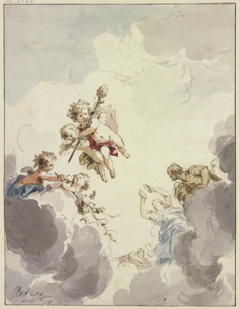 Amoretten mit einem Thyrsusstab und Bacchanten in Wolken av Jacob de Wit