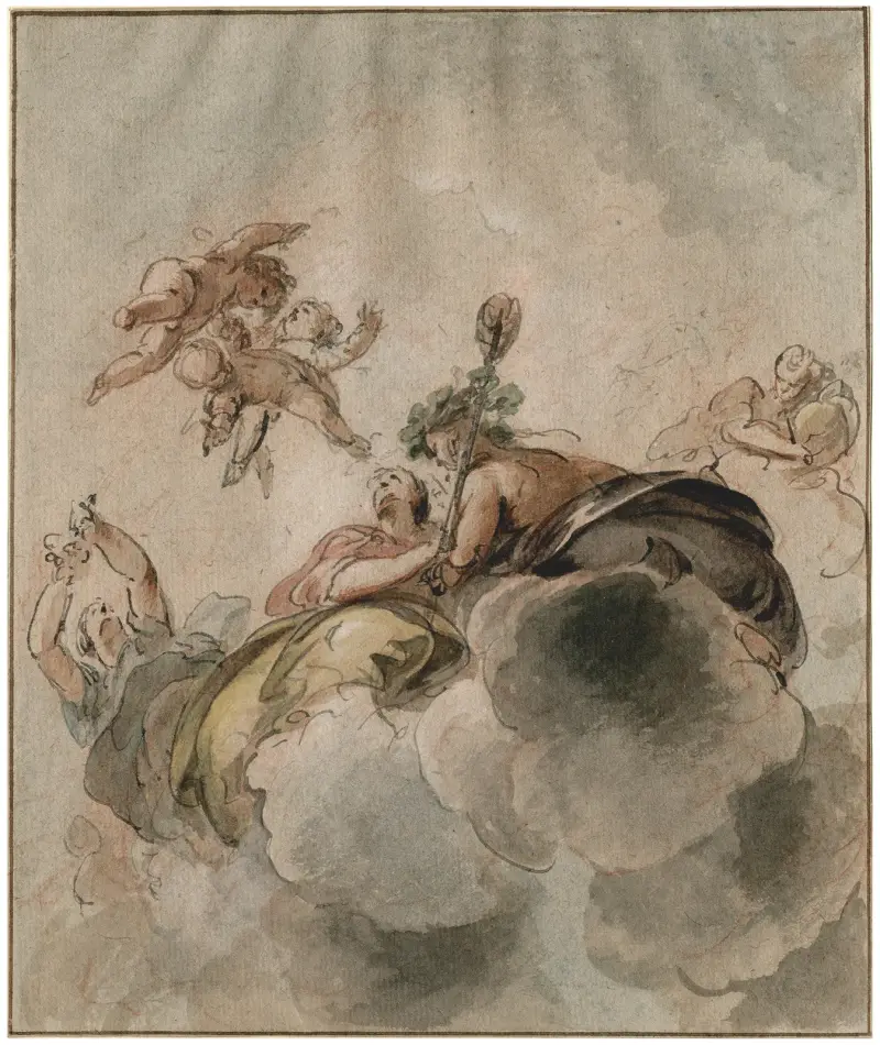 Bacchanter och putti bland molnen av Jacob de Wit