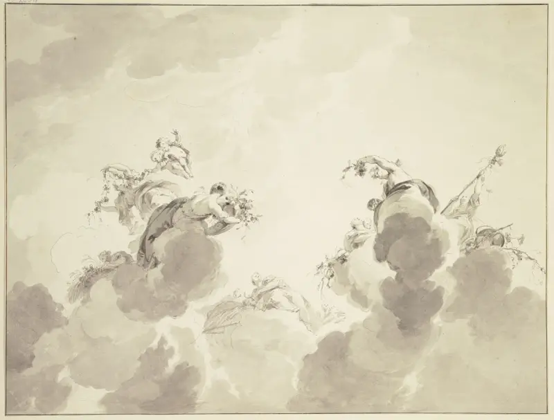 Bacchus, Ceres und Flora mit Gefolge in Wolken schwebend av Jacob de Wit