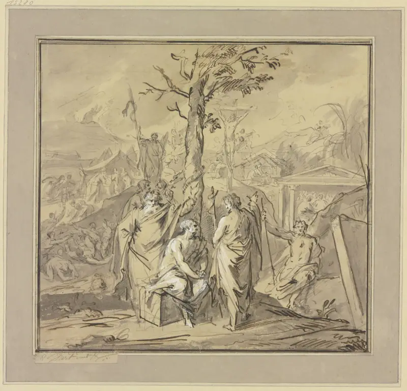 Ein am Baum der Erkenntnis Sitzender erhält Unterweisungen von Moses und Johannes dem Täufer av Jacob de Wit