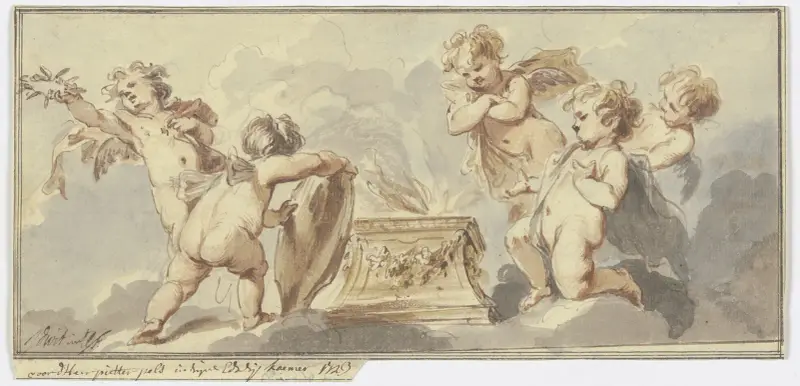 Pět putti u obětního oltáře, Jacob de Wit