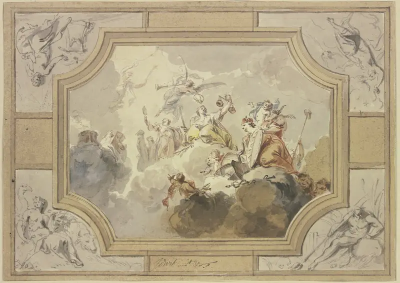 Justitia och Sanningen, omgivna av de fyra elementens personifikationer av Jacob de Wit