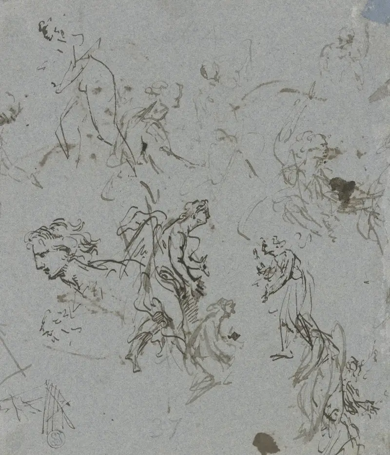 Huvud av en man i profil, flera gående figurer samt pennprov av Jacob de Wit