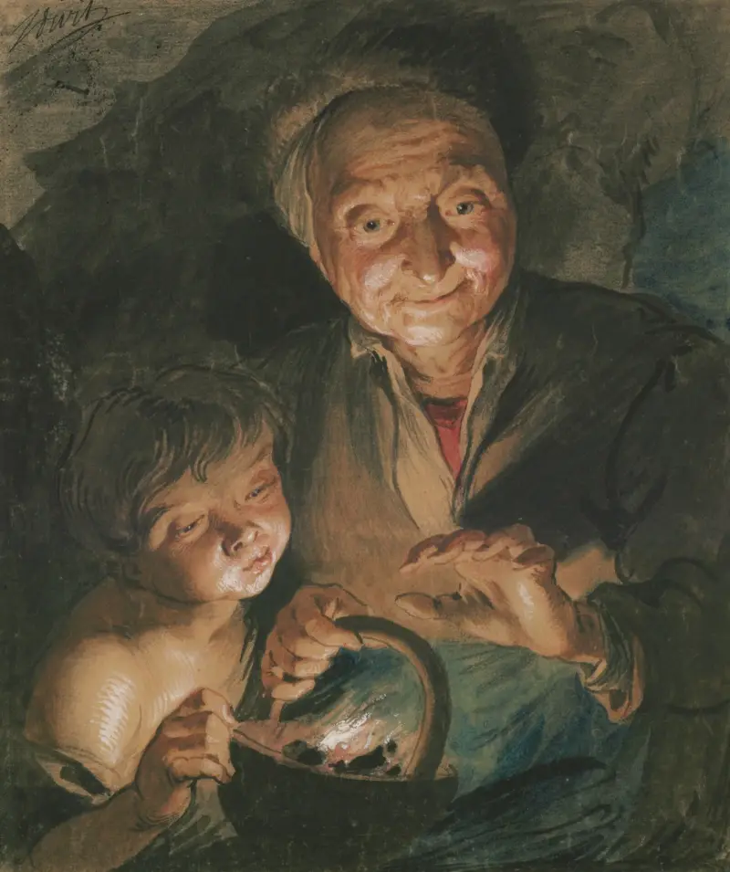 Gammal kvinna och pojke som värmer sina händer (efter Peter Paul Rubens) av Jacob de Wit