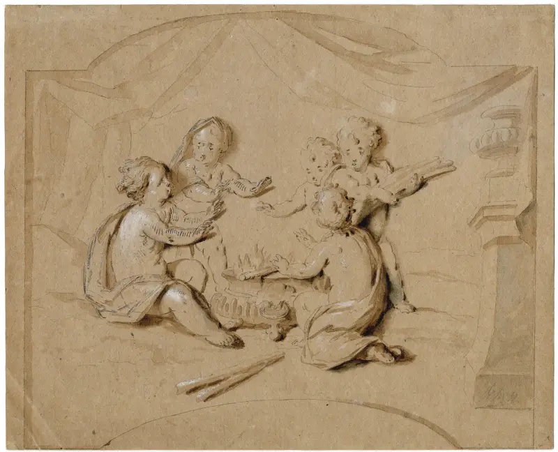 Putti som värmer sig vid en eld, vintern av Jacob de Wit