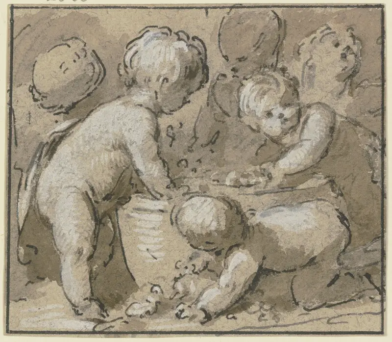 Sex amouretter som pressar vin av Jacob de Wit