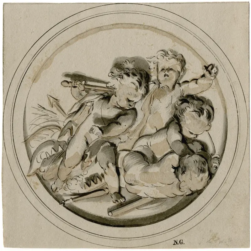 Sittande putto i en medaljong av Jacob de Wit