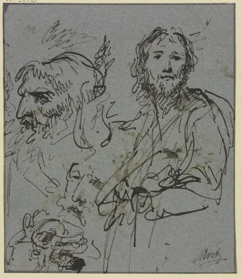 Studieblad; profilhuvud av en man samt bröstbild av en man av Jacob de Wit