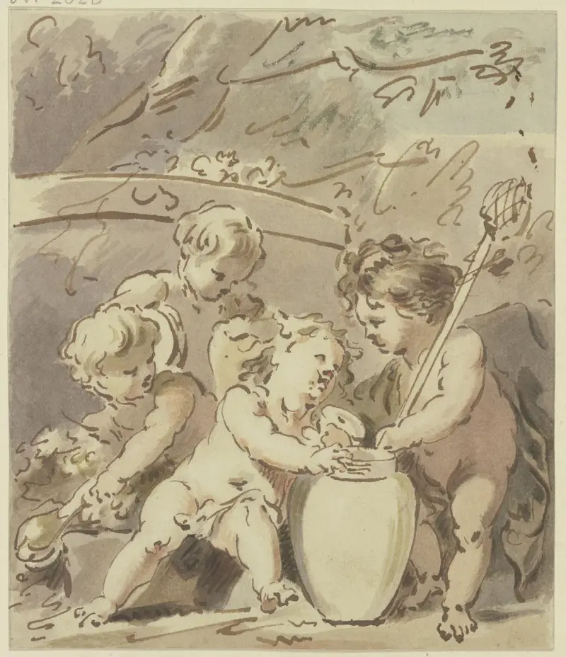 Vier Amoretten bei einer Vase av Jacob de Wit