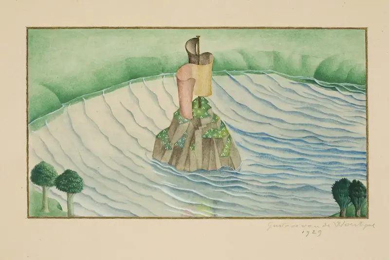 Rocky Island with Ribbon Banner in the Middle of a Lake av Gustave Van de Woestijne